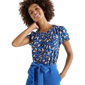 Boden Top Womens Blue Pink Size 8 Carey Silk Floral Ruffle Neck Blouse W0093